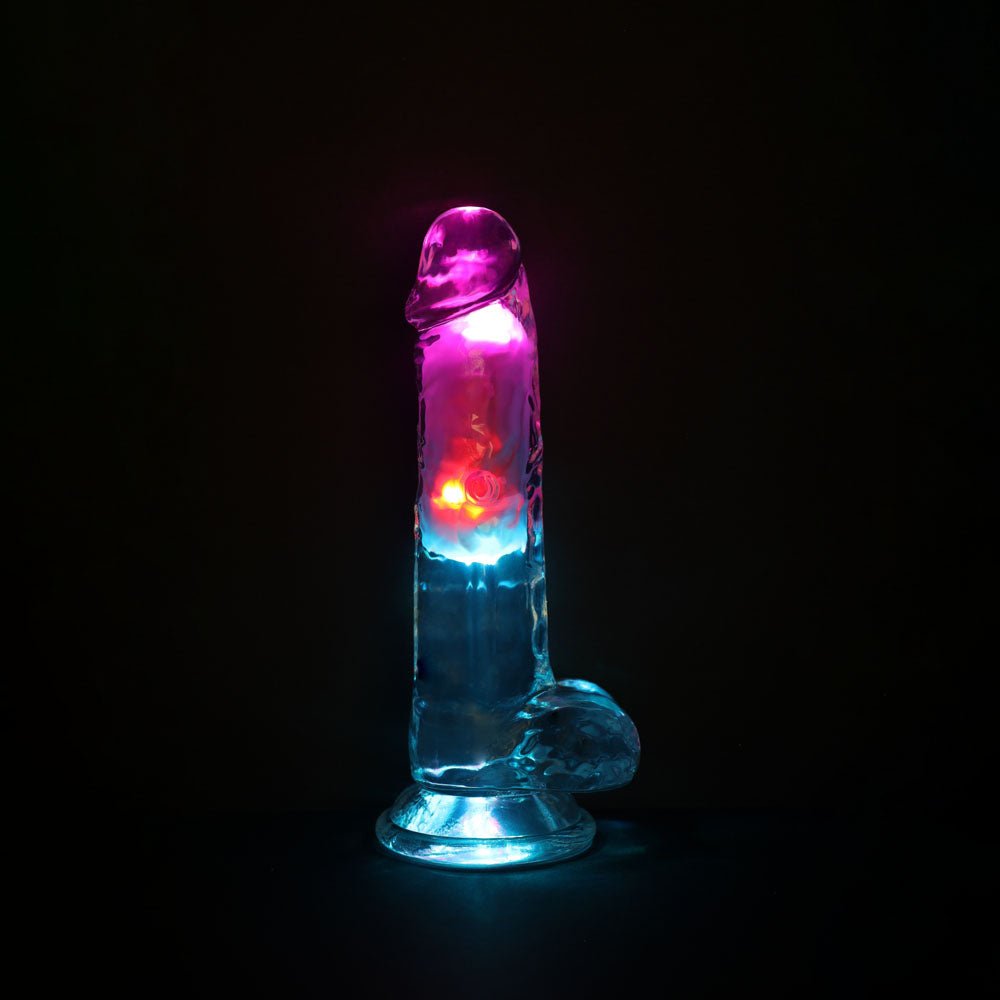 REALROCK 7'' with Balls Wireless Rechargeable LED Vibrating Dong - Clear with LED 19.5 cm USB Rechargeable Vibrating Dong with Remote - silkandsin