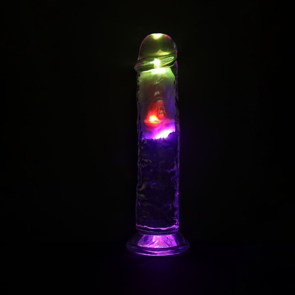 REALROCK 8'' No Balls Wireless Rechargeable LED Vibrating Dong - Clear with LED 22 cm USB Rechargeable Vibrating Dong with Remote - silkandsin