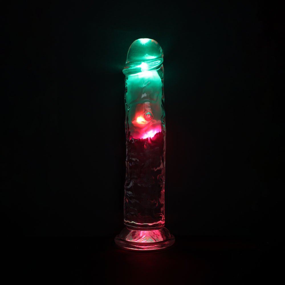 REALROCK 8'' No Balls Wireless Rechargeable LED Vibrating Dong - Clear with LED 22 cm USB Rechargeable Vibrating Dong with Remote - silkandsin
