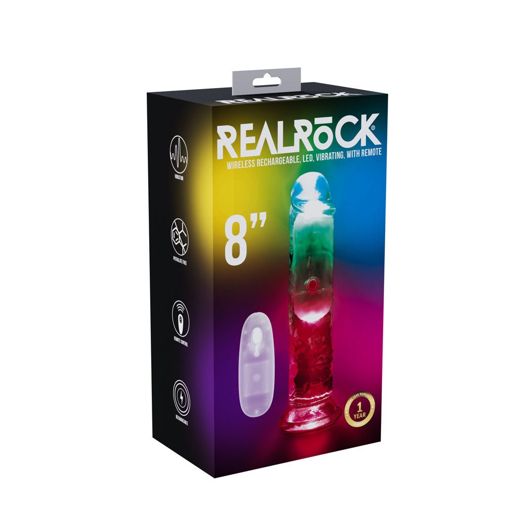 REALROCK 8'' No Balls Wireless Rechargeable LED Vibrating Dong - Clear with LED 22 cm USB Rechargeable Vibrating Dong with Remote - silkandsin