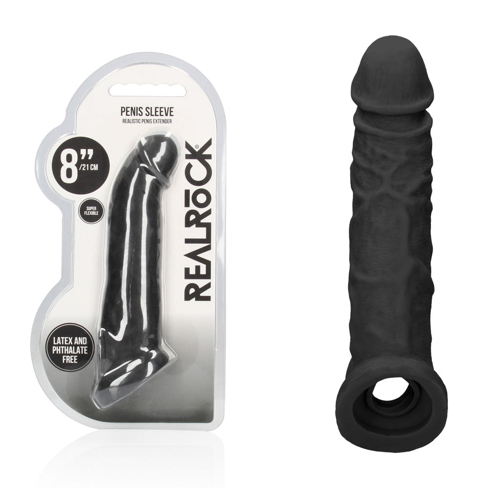 REALROCK 8'' Realistic Penis Extender with Rings - Black - Black 20.3 cm Penis Extension Sleeve - silkandsin
