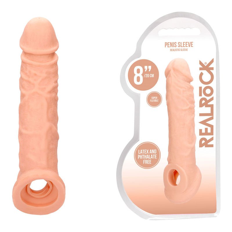 REALROCK 8'' Realistic Penis Extender with Rings - Flesh 20.3 cm Penis Extension Sleeve - silkandsin