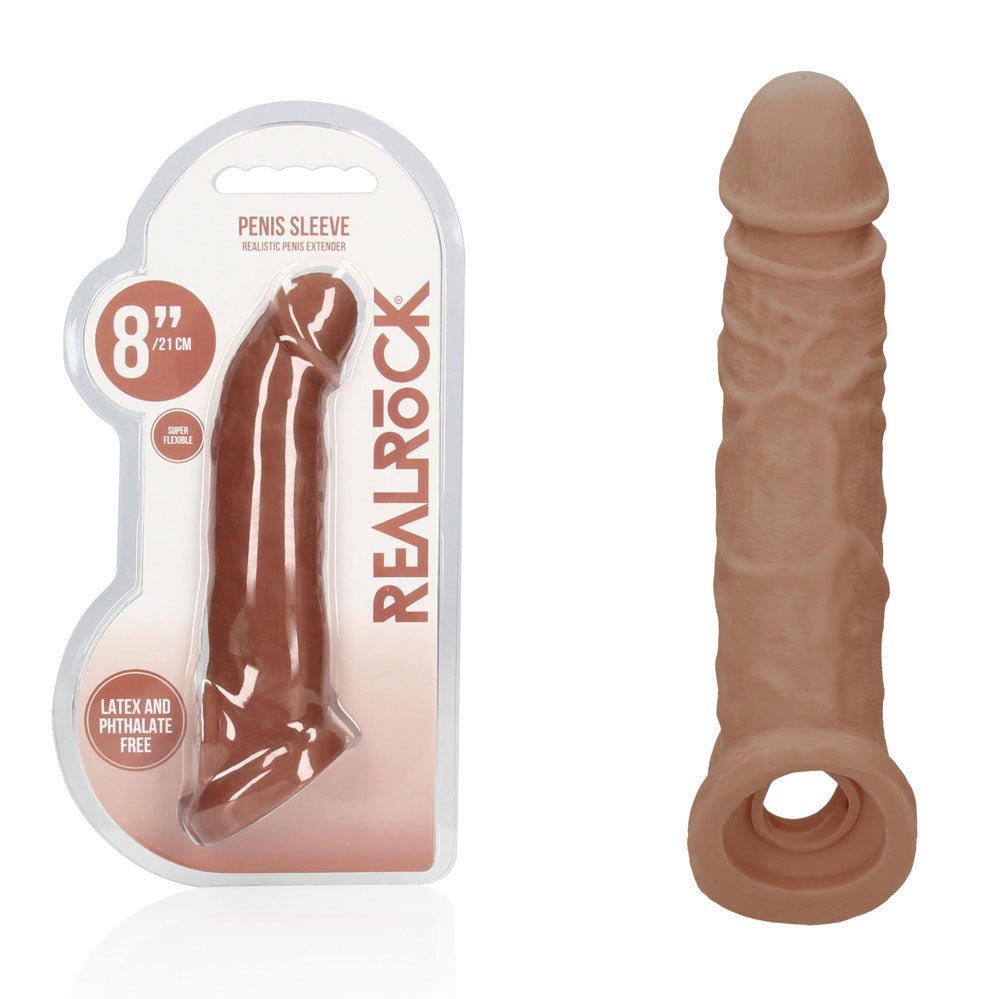 REALROCK 8'' Realistic Penis Extender with Rings - Tan - Tan 20.3 cm Penis Extension Sleeve - silkandsin