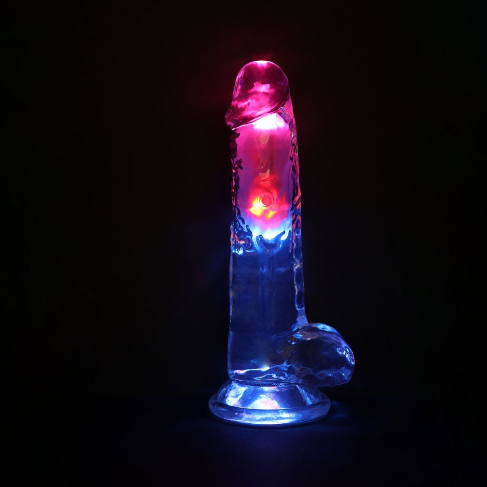 REALROCK 8'' with Balls Wireless Rechargeable LED Vibrating Dong - Clear with LED 22.5 cm USB Rechargeable Vibrating Dong with Remote - silkandsin