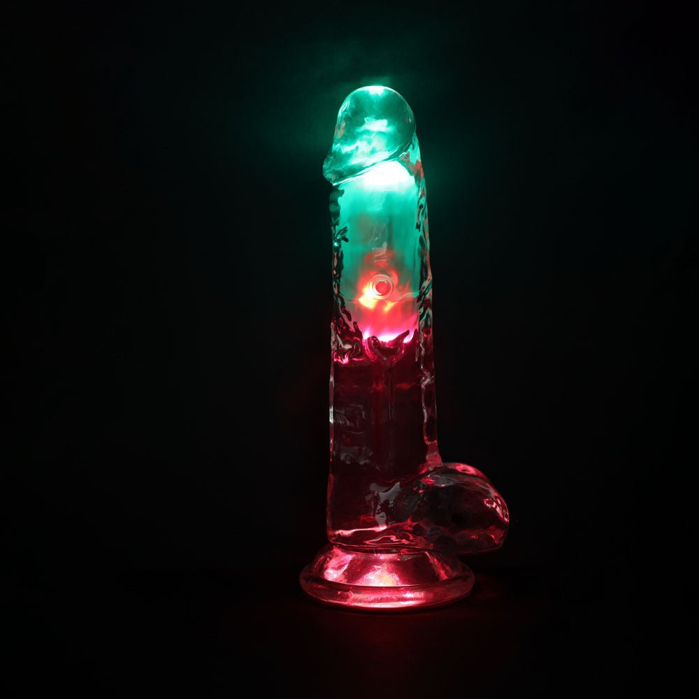 REALROCK 8'' with Balls Wireless Rechargeable LED Vibrating Dong - Clear with LED 22.5 cm USB Rechargeable Vibrating Dong with Remote - silkandsin