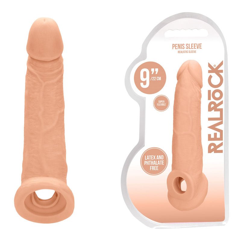 REALROCK 9'' Realistic Penis Extender with Rings - Flesh 22.9 cm Penis Extension Sleeve - silkandsin