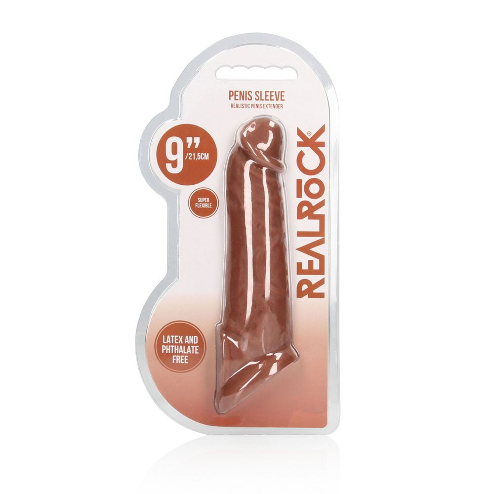REALROCK 9'' Realistic Penis Extender with Rings - Tan - Tan 22.9 cm Penis Extension Sleeve - silkandsin