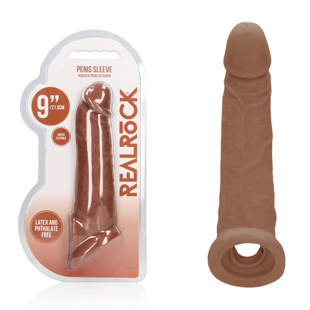 REALROCK 9'' Realistic Penis Extender with Rings - Tan - Tan 22.9 cm Penis Extension Sleeve - silkandsin
