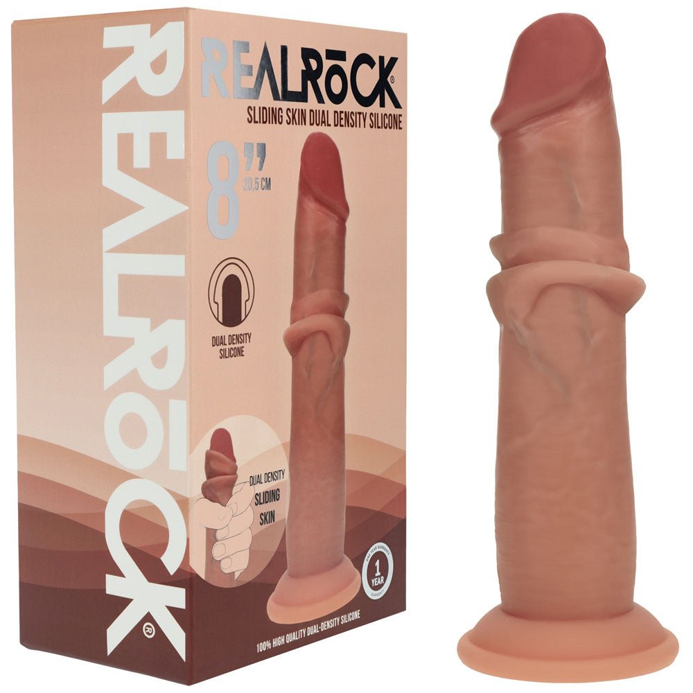 REALROCK Dual Density 8'' Sliding Skin Silicone Dildo - Tan - Tan 20.5 cm Sliding Skin Dildo - Silk and Sin
