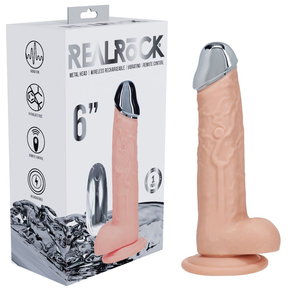 REALROCK Metal Head 6'' Rechargeable Dildo - Flesh - Flesh 16.2 cm USB Rechargeable Vibrating Dildo with Metal Head and Wireless Remote - silkandsin