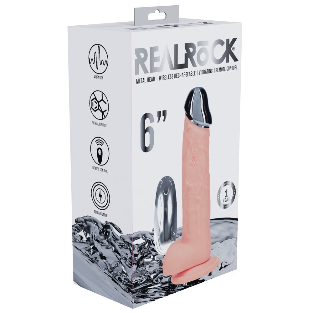 REALROCK Metal Head 6'' Rechargeable Dildo - Flesh - Flesh 16.2 cm USB Rechargeable Vibrating Dildo with Metal Head and Wireless Remote - silkandsin