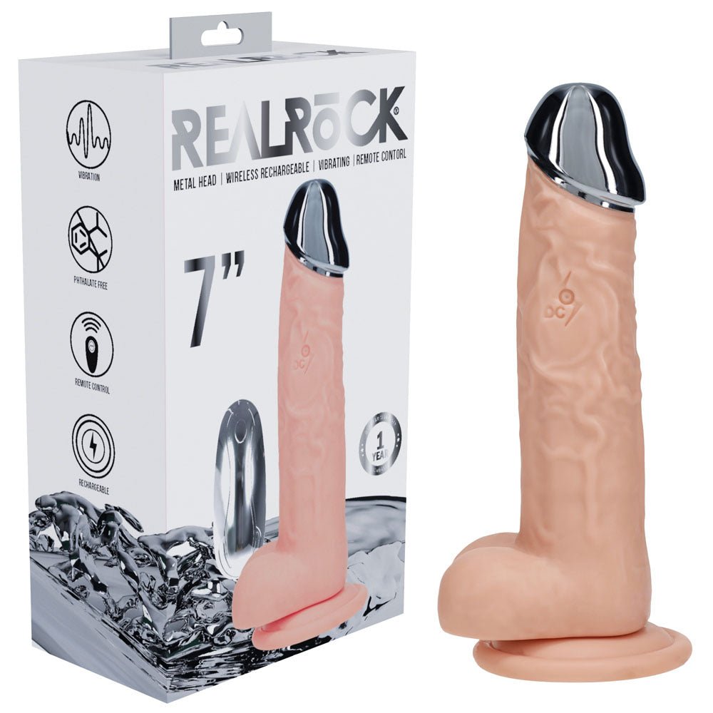 REALROCK Metal Head 7'' Rechargeable Dildo - Flesh - Flesh 19 cm USB Rechargeable Vibrating Dildo with Metal Head and Wireless Remote - silkandsin