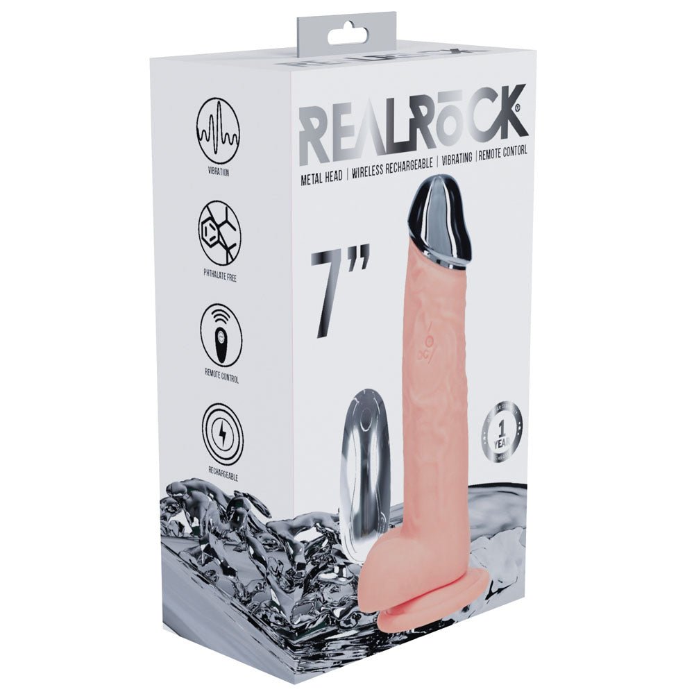 REALROCK Metal Head 7'' Rechargeable Dildo - Flesh - Flesh 19 cm USB Rechargeable Vibrating Dildo with Metal Head and Wireless Remote - silkandsin