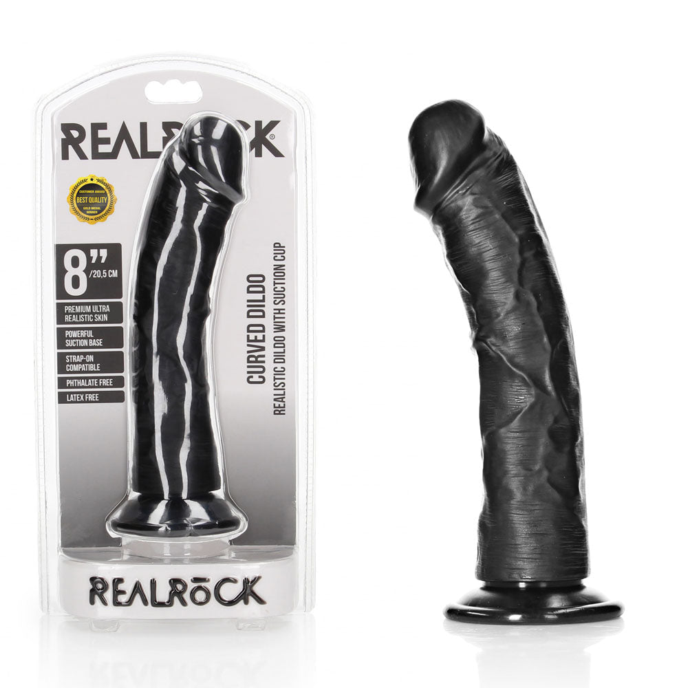 REALROCK Realistic Regular Curved Dildo with Suction Cup - 20 cm - Black 20 cm (8'') Dong - silkandsin
