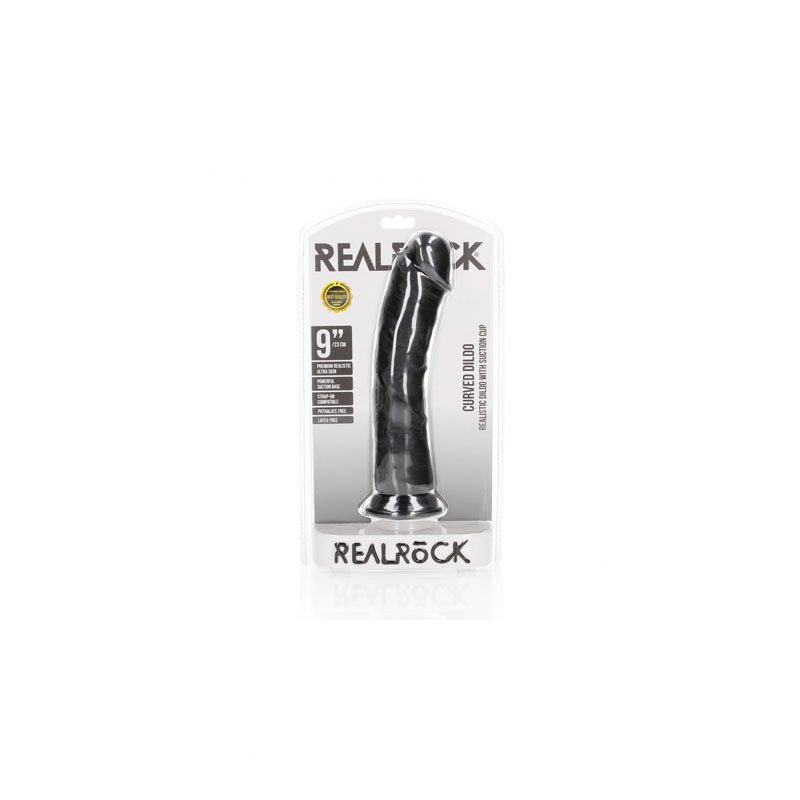 REALROCK Realistic Regular Curved Dildo with Suction Cup - 23 cm - Black 23 cm (9'') Dong - silkandsin