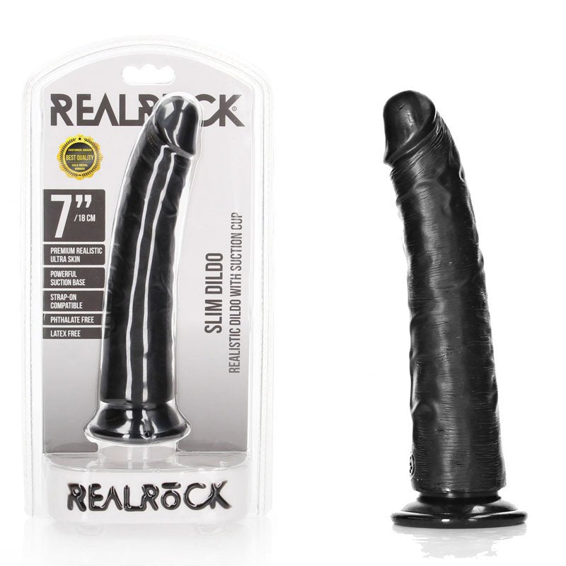 REALROCK Realistic Slim Dildo with Suction Cup - 18cm - Black 18 cm (7'') Dong - silkandsin