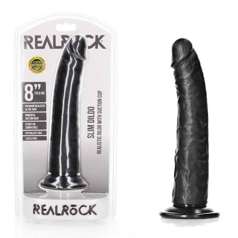 REALROCK Realistic Slim Dildo with Suction Cup - 20.5cm - Black 20.5 cm (8'') Dong - silkandsin