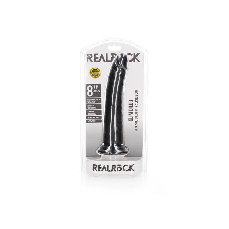 REALROCK Realistic Slim Dildo with Suction Cup - 20.5cm - Black 20.5 cm (8'') Dong - silkandsin