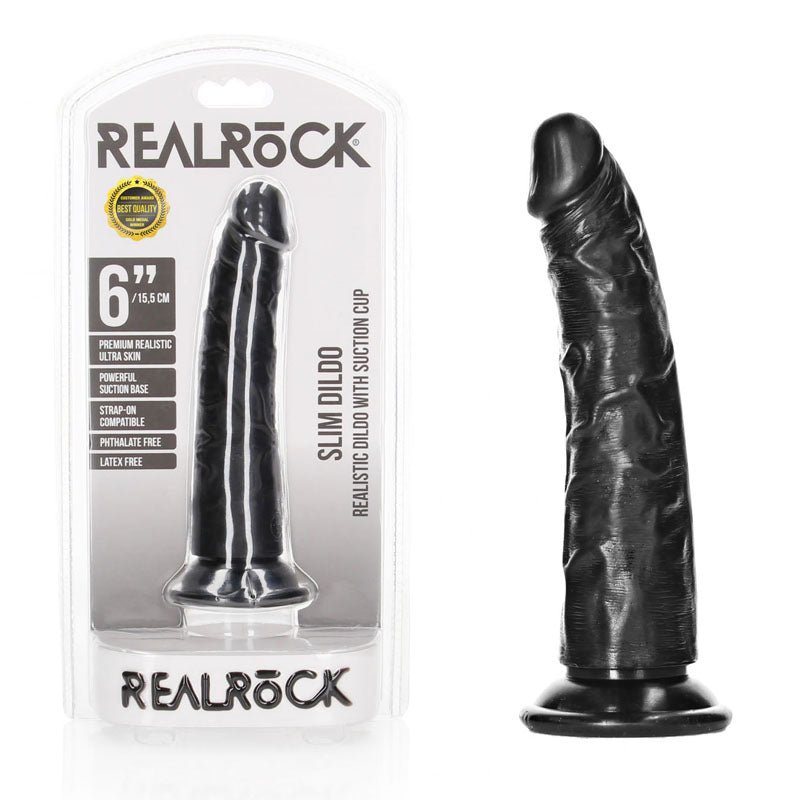 REALROCK Realistic Slim Dildo without Balls - 15.5 cm - Black 15.5 cm (6'') Dong - silkandsin