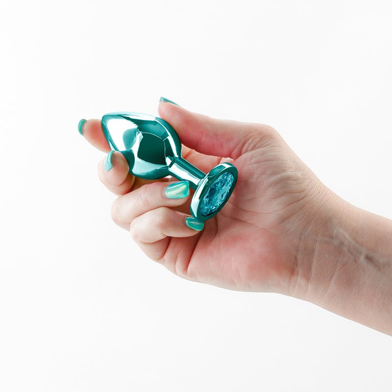 Rear Assets - Medium - Teal - Teal 8.2 cm Medium Metal Butt Plug with Teal Round Gem Base - Silk and Sin