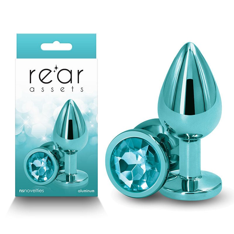 Rear Assets - Medium - Teal - Teal 8.2 cm Medium Metal Butt Plug with Teal Round Gem Base - Silk and Sin