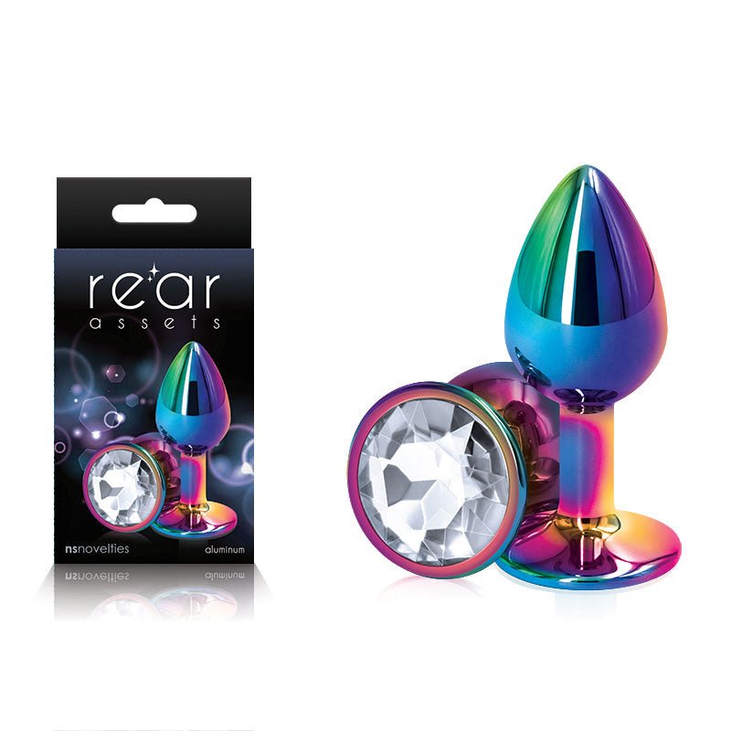 Rear Assets Multi Coloured Small - Multi Coloured Small Metal Butt Plug with Clear Gem Base - Silk and Sin
