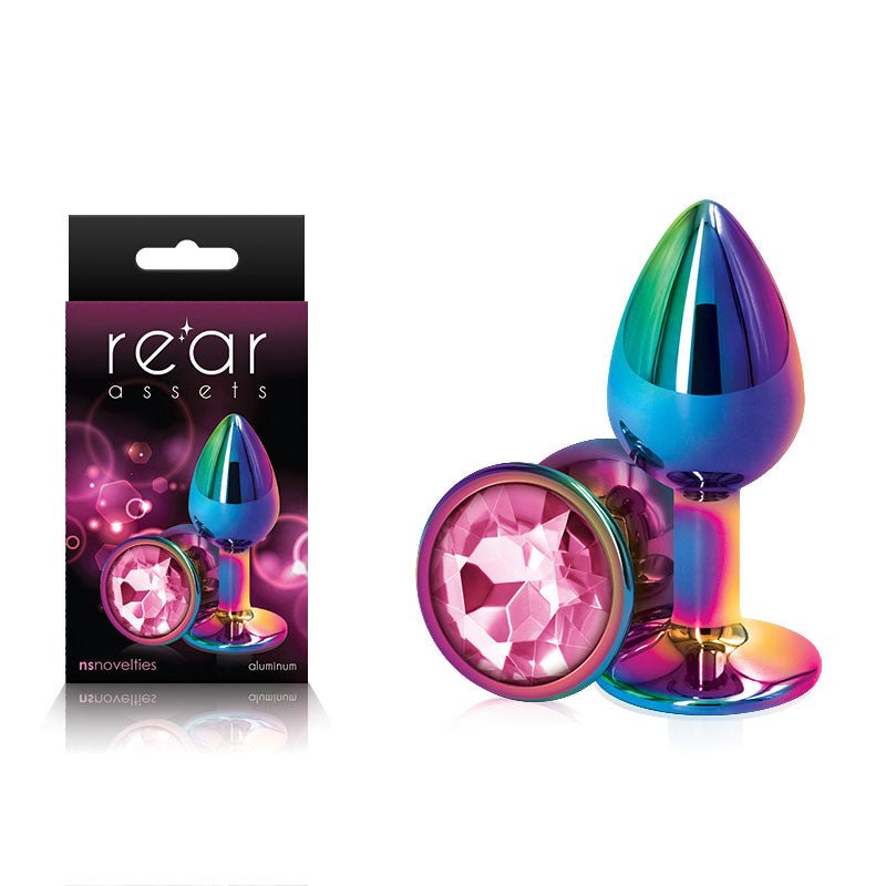 Rear Assets Multi Coloured Small - Multi Coloured Small Metal Butt Plug with Pink Gem Base - Silk and Sin