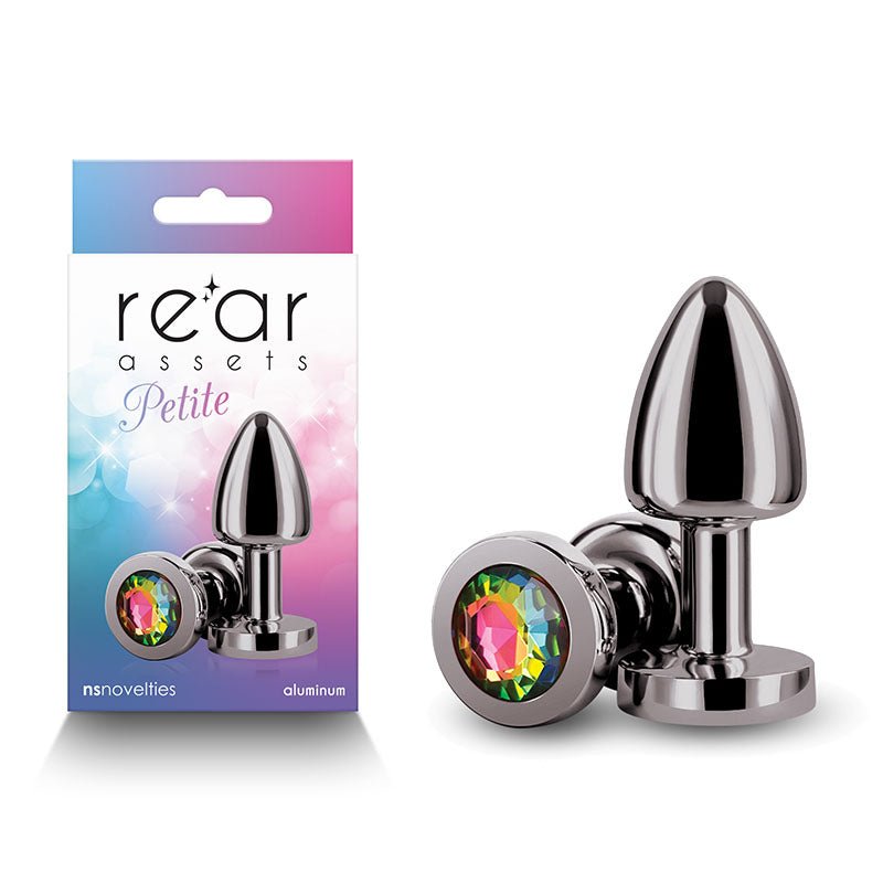Rear Assets Petite - Gunmetal with Rainbow Gem - Gunmetal 6 cm Metal Butt Plug with Rainbow Round Gem Base - Silk and Sin