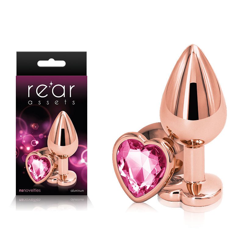 Rear Assets Rose Gold Heart Medium - Rose Gold Medium Metal Butt Plug with Pink Heart Gem Base - Silk and Sin