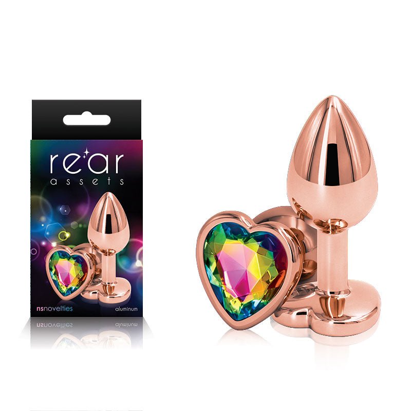 Rear Assets Rose Gold Heart Small - Rose Gold Small Metal Butt Plug with Rainbow Heart Gem Base - Silk and Sin