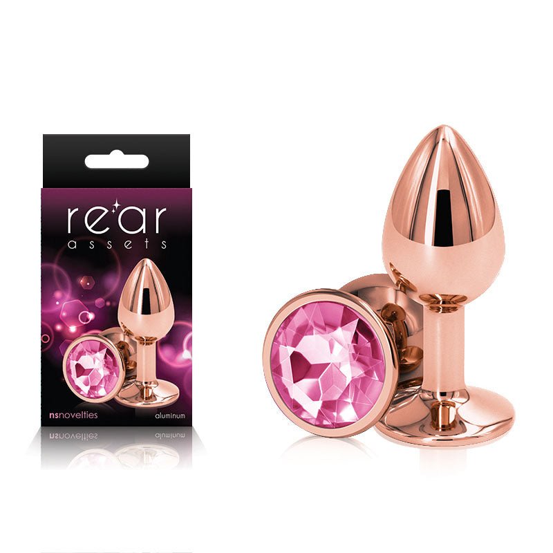 Rear Assets Rose Gold Small - Rose Gold Small Metal Butt Plug with Pink Gem Base - Silk and Sin
