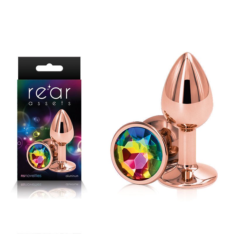 Rear Assets Rose Gold Small - Rose Gold Small Metal Butt Plug with Rainbow Gem Base - Silk and Sin