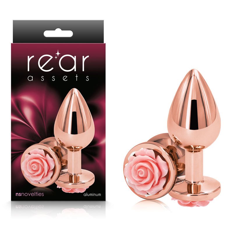 Rear Assets Rose - Medium - Rose Gold 8.9 cm Metal Butt Plug with Pink Rose Base - Silk and Sin