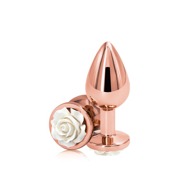 Rear Assets Rose - Medium - Rose Gold 8.9 cm Metal Butt Plug with White Rose Base - Silk and Sin