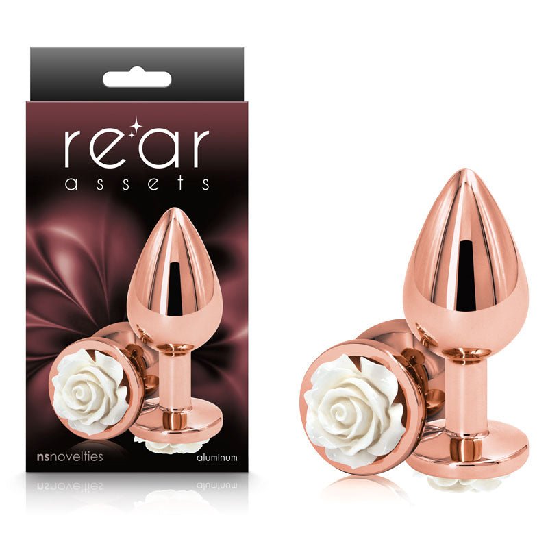 Rear Assets Rose - Medium - Rose Gold 8.9 cm Metal Butt Plug with White Rose Base - Silk and Sin