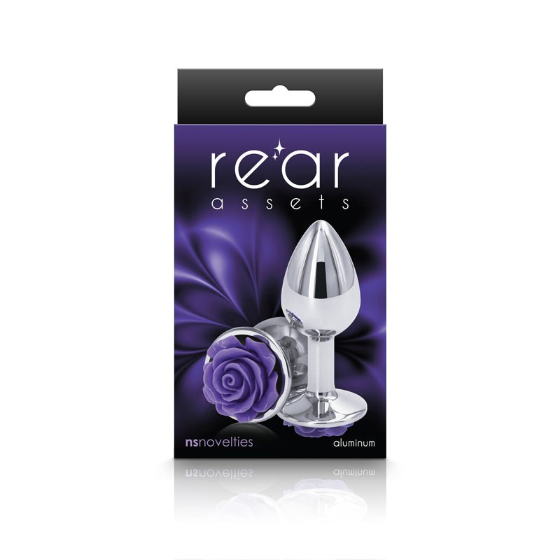 Rear Assets Rose - Small - Chrome 7.6 cm Metal Butt Plug with Purple Rose Base - Silk and Sin