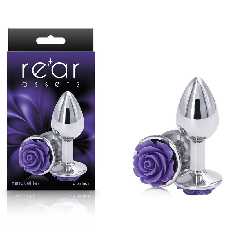 Rear Assets Rose - Small - Chrome 7.6 cm Metal Butt Plug with Purple Rose Base - Silk and Sin