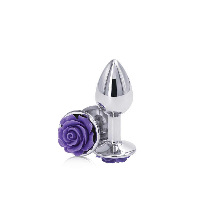 Rear Assets Rose - Small - Chrome 7.6 cm Metal Butt Plug with Purple Rose Base - Silk and Sin
