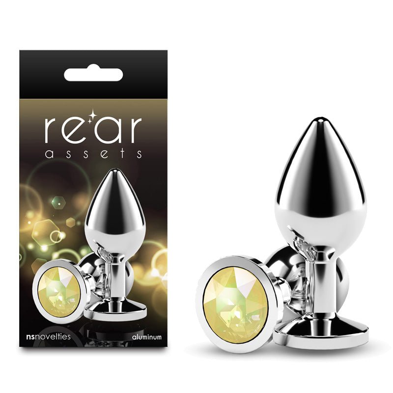 Rear Assets Silver - Medium - Yellow Gem - Silver Medium Metal Butt Plug with Yellow Gem Base - Silk and Sin
