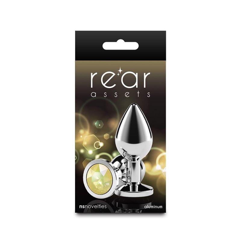 Rear Assets Silver - Medium - Yellow Gem - Silver Medium Metal Butt Plug with Yellow Gem Base - Silk and Sin