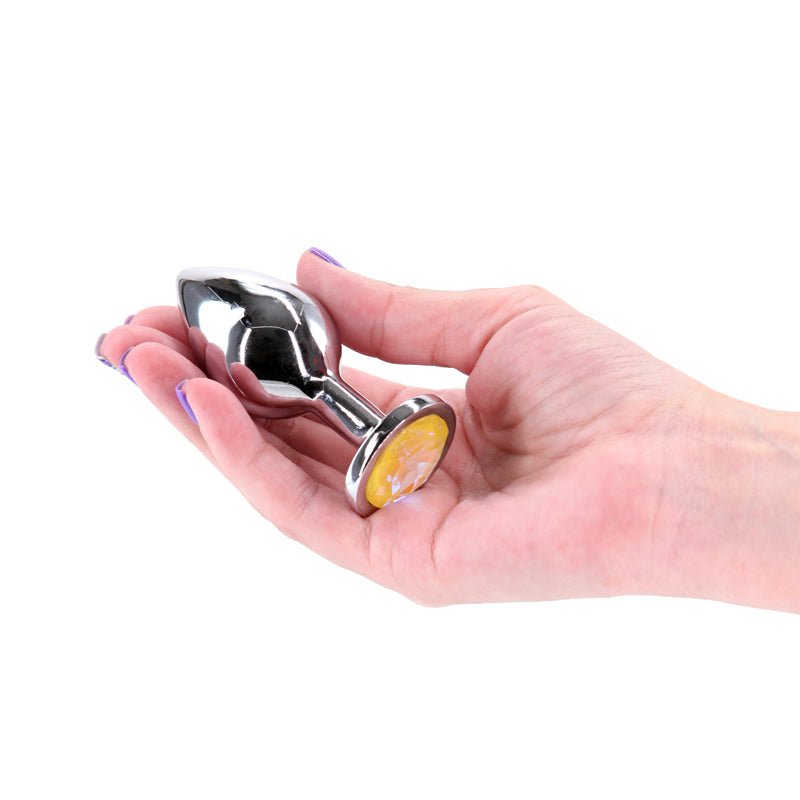 Rear Assets Silver - Medium - Yellow Gem - Silver Medium Metal Butt Plug with Yellow Gem Base - Silk and Sin