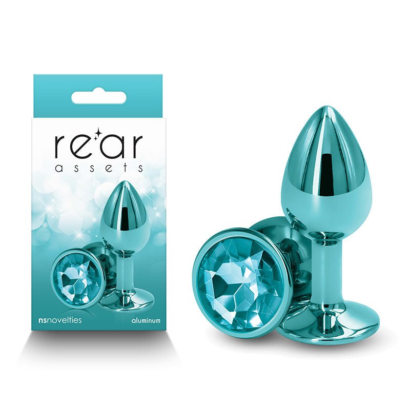 Rear Assets - Small - Teal - Teal 7.1 cm Small Metal Butt Plug with Teal Round Gem Base - Silk and Sin