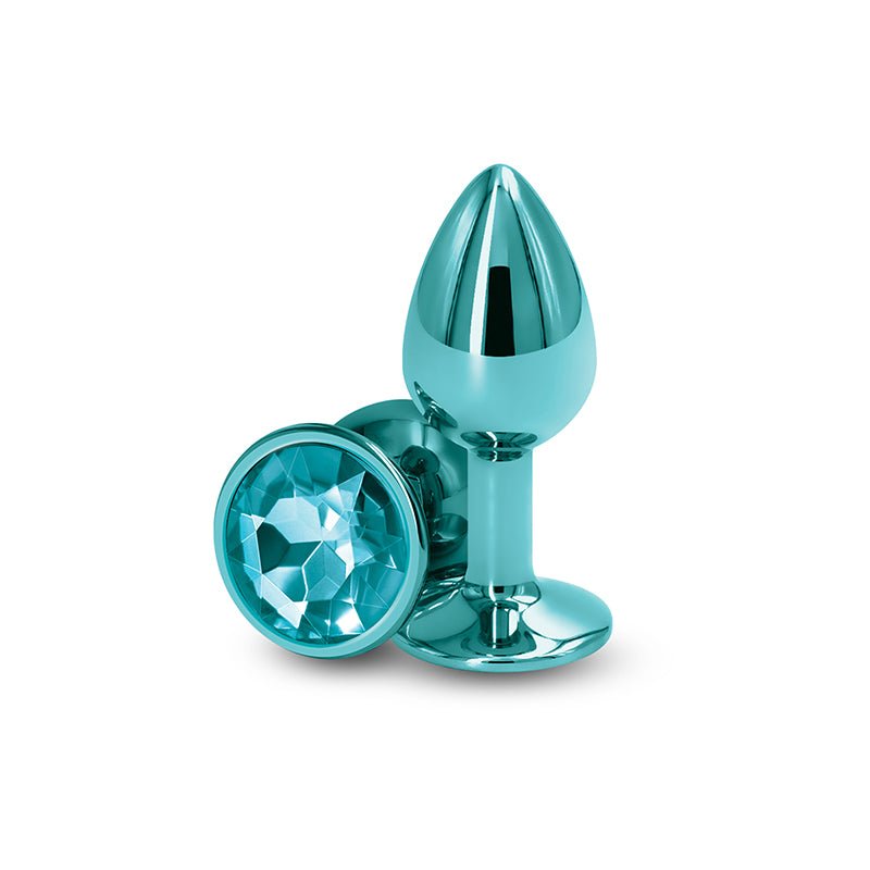 Rear Assets - Small - Teal - Teal 7.1 cm Small Metal Butt Plug with Teal Round Gem Base - Silk and Sin