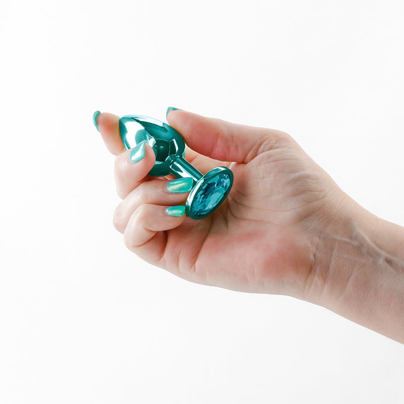 Rear Assets - Small - Teal - Teal 7.1 cm Small Metal Butt Plug with Teal Round Gem Base - Silk and Sin