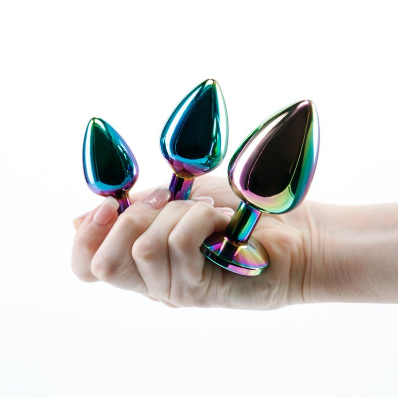 Rear Assets Trainer Kit - Multicolour - Rainbow Heart - Multi Coloured Metallic Butt Plugs with Rainbow Hearts - Set of 3 Sizes - Silk and Sin