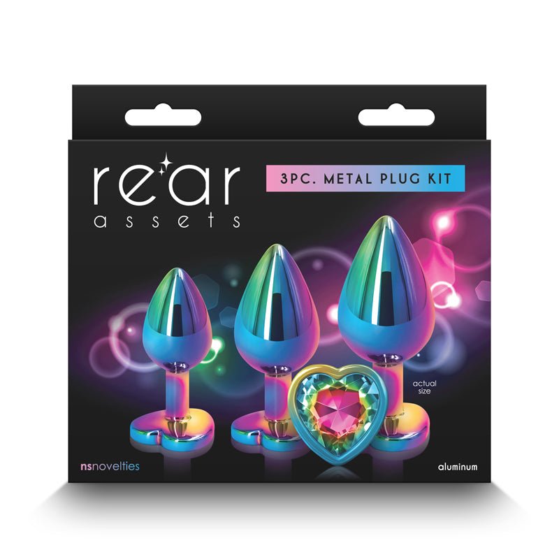 Rear Assets Trainer Kit - Multicolour - Rainbow Heart - Multi Coloured Metallic Butt Plugs with Rainbow Hearts - Set of 3 Sizes - Silk and Sin