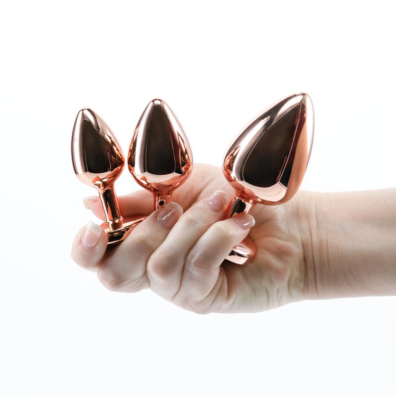 Rear Assets Trainer Kit - Rose Gold - Pink Heart - Rose Gold Metallic Butt Plugs with Pink Hearts - Set of 3 Sizes - Silk and Sin
