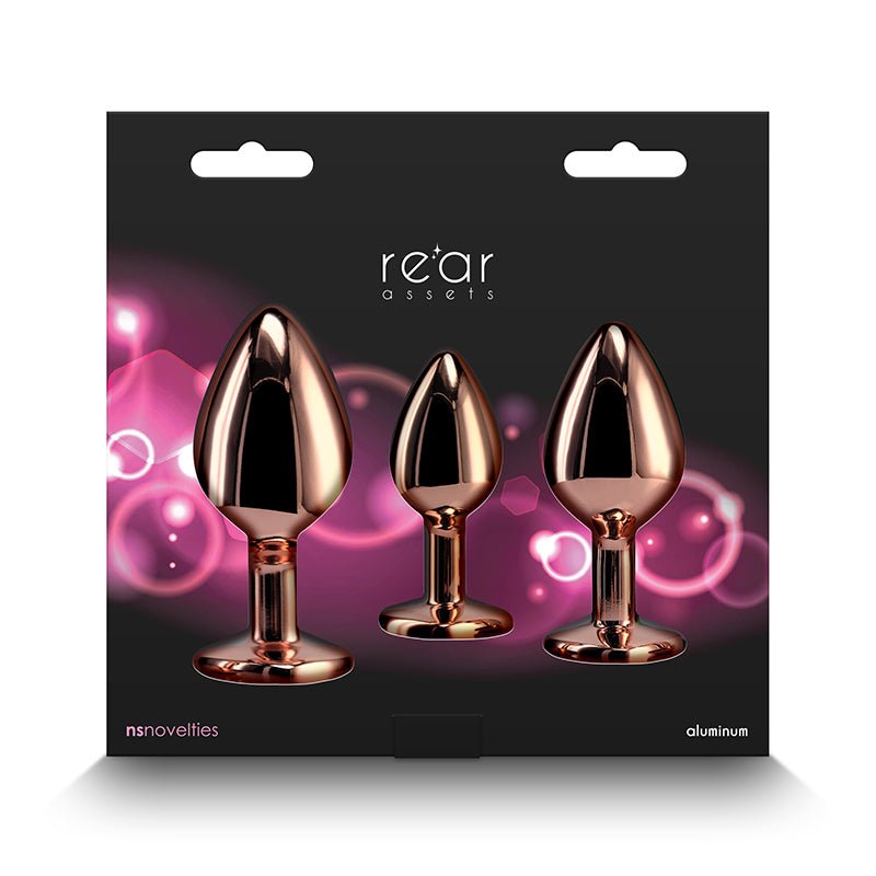 Rear Assets Trainer Kit - Rose Gold - Pink Heart - Rose Gold Metallic Butt Plugs with Pink Hearts - Set of 3 Sizes - Silk and Sin