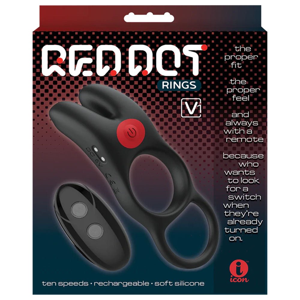 Red Dot Rings - V1 - Black USB Rechargeable Vibrating Cock Ring with Remote - silkandsin