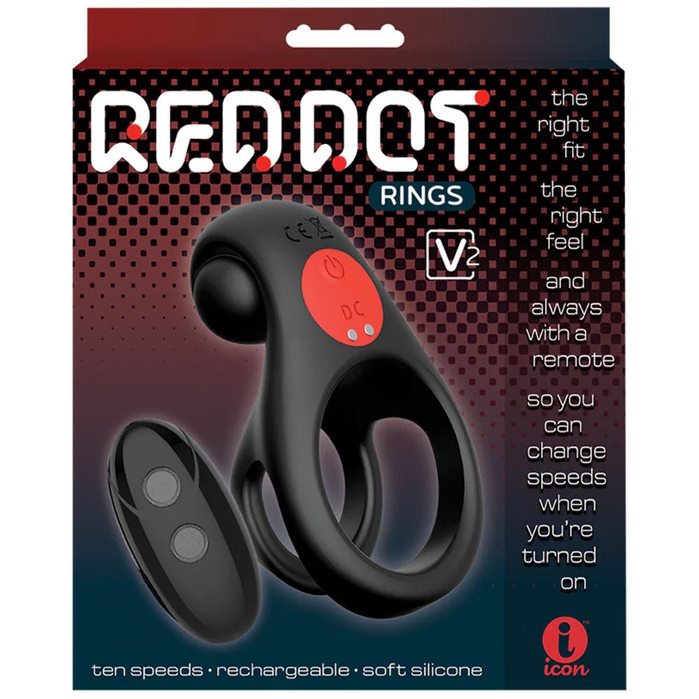 Red Dot Rings - V2 - Black USB Rechargeable Vibrating Cock & Ball Ring with Remote - silkandsin